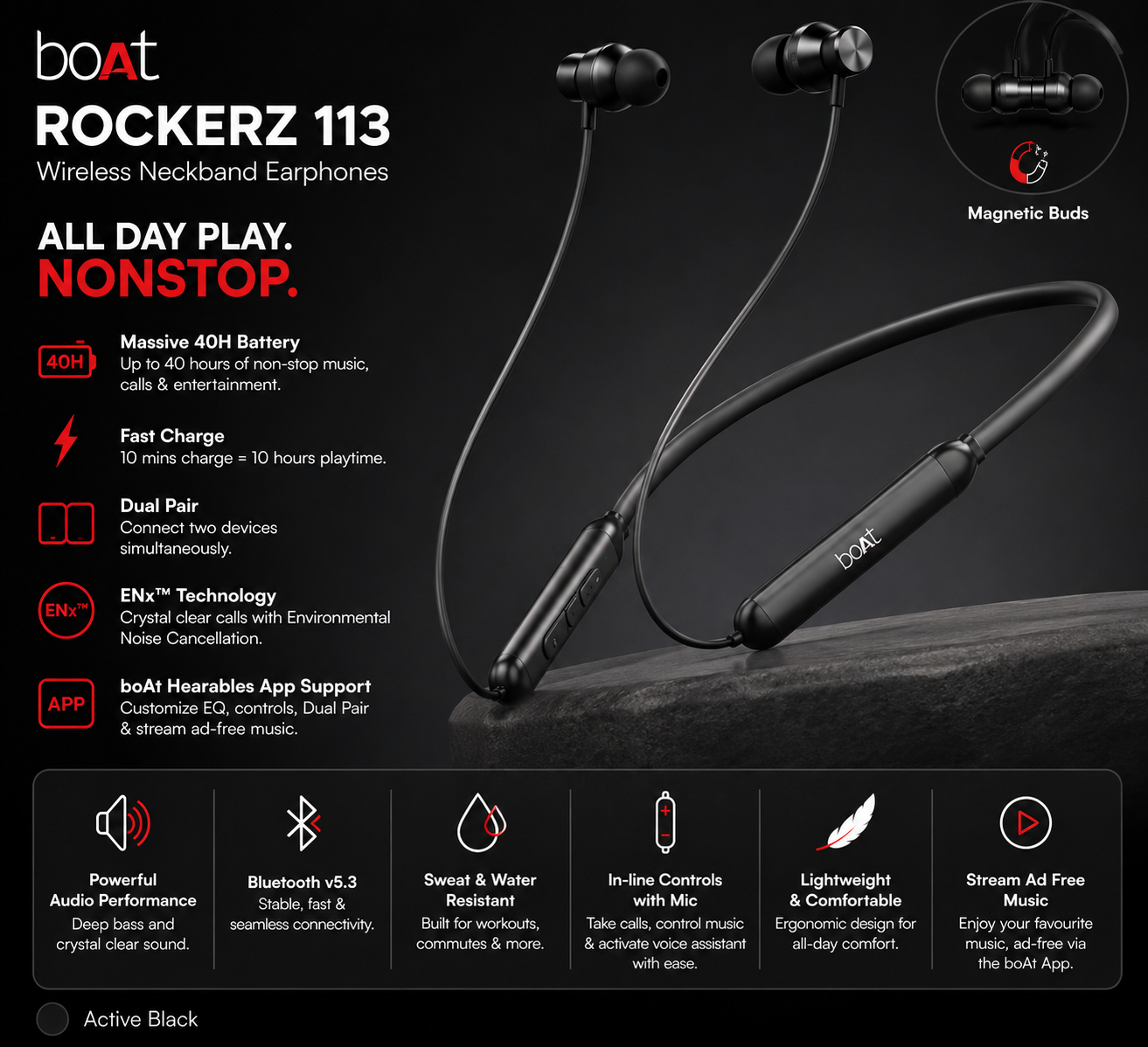 boAt Rockerz 113 Wireless Bluetooth Neckband Earphones with 40H Battery, ENx Tech, Fast Charging, Dual Pairing & Magnetic Earbuds – Active Black